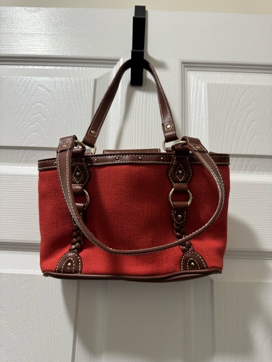 Etienne Aigner Handbags - Etienne Aigner Red Canvas Tote with Brown Trim and Ring Accents